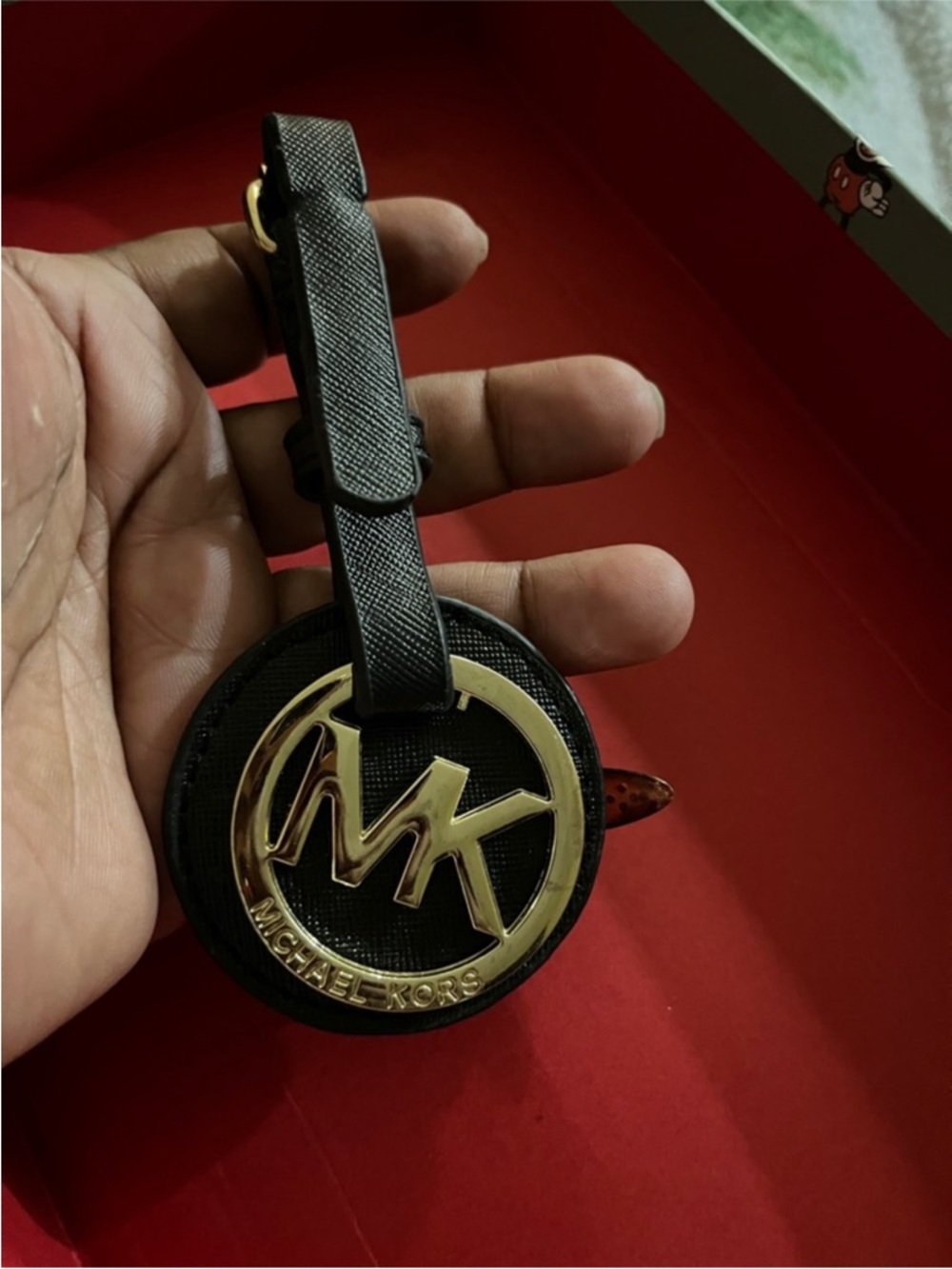 Michael Kors Black Leather MK Logo Bag Charm with Gold Tone Hardware